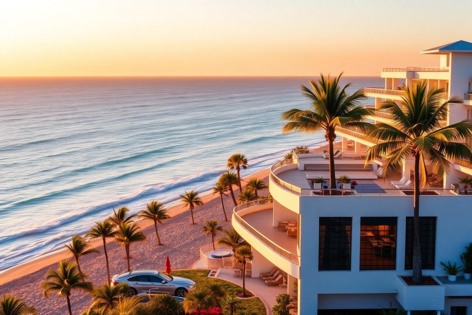Beachfront resort hotel exterior at golden hour with palm trees