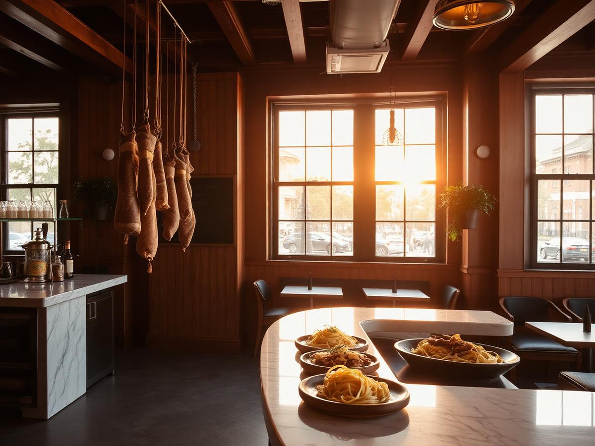 Italian bistro interior with hanging cured meats and a marble bar at golden hour