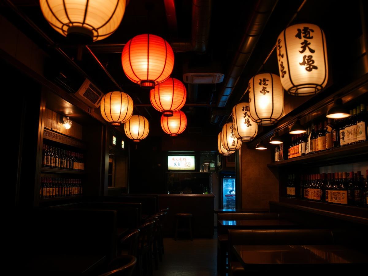 Cosy Japanese izakaya interior with paper lanterns and sake bottles
