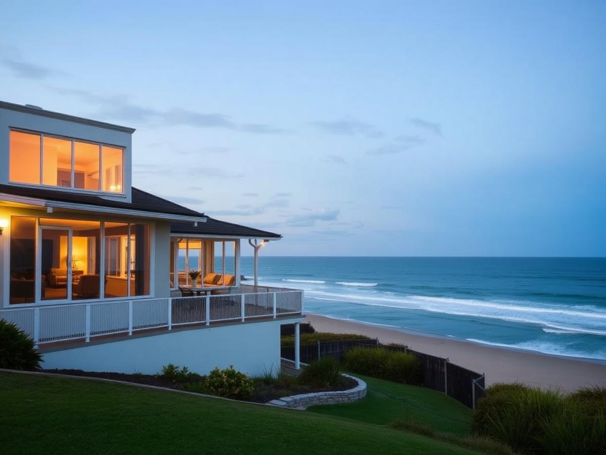 Boutique seaside hotel exterior at dusk overlooking the ocean